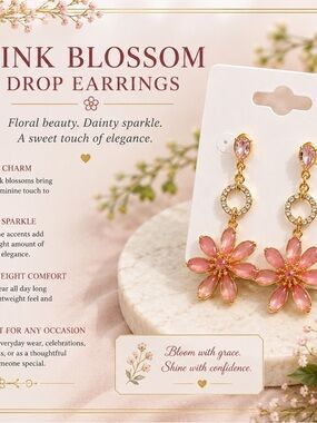 Pink Blossom Floral Drop Earrings in Gold Tone